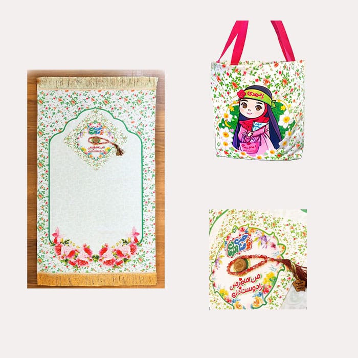 ست سجاده و جانماز و کیف مخمل مهدوی دخترانه به رنگ سبز